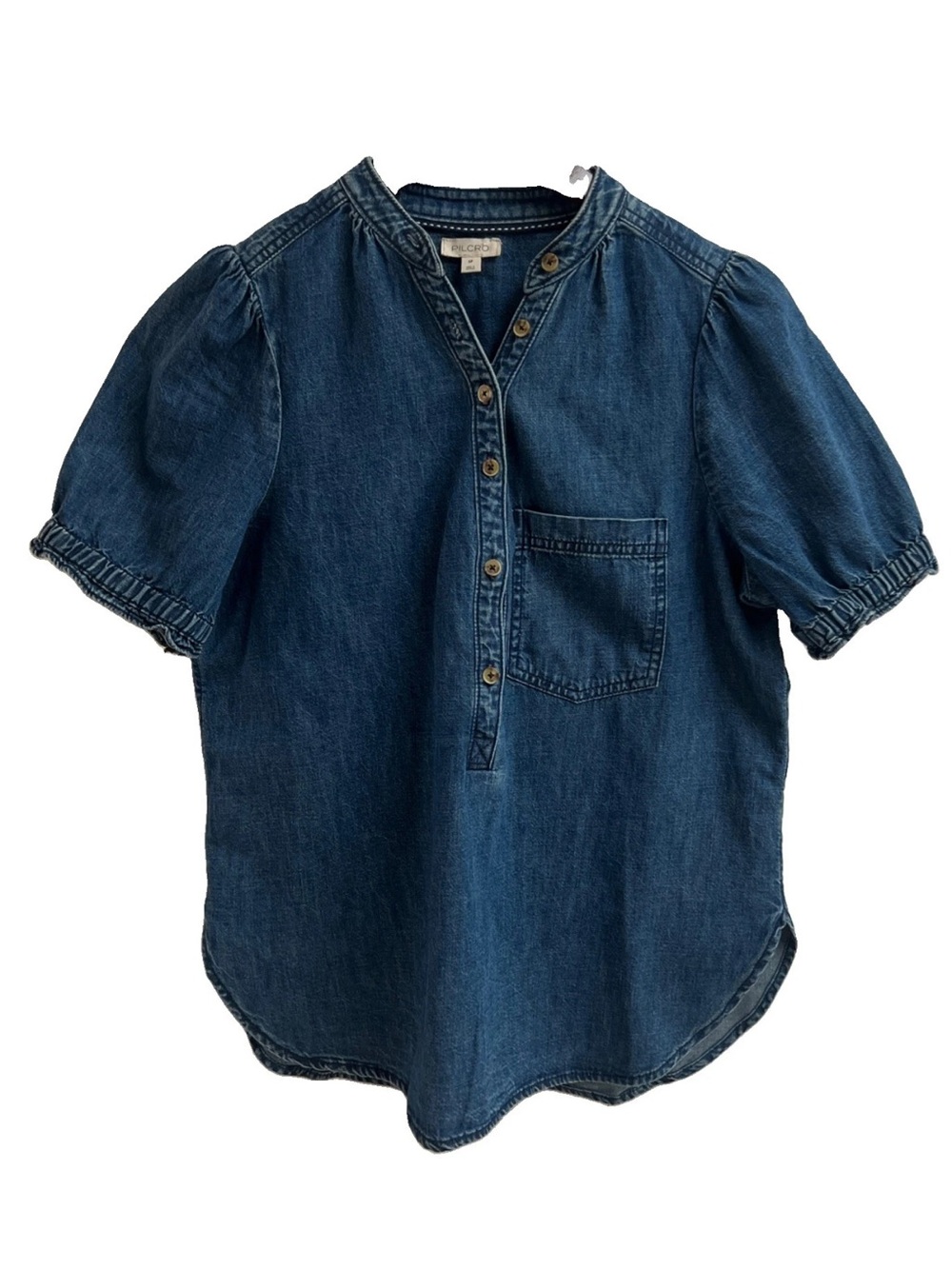 Anthropologie Pilcro Aly Denim Puff Sleeve Blouse Chambray Henley Top Blue SP